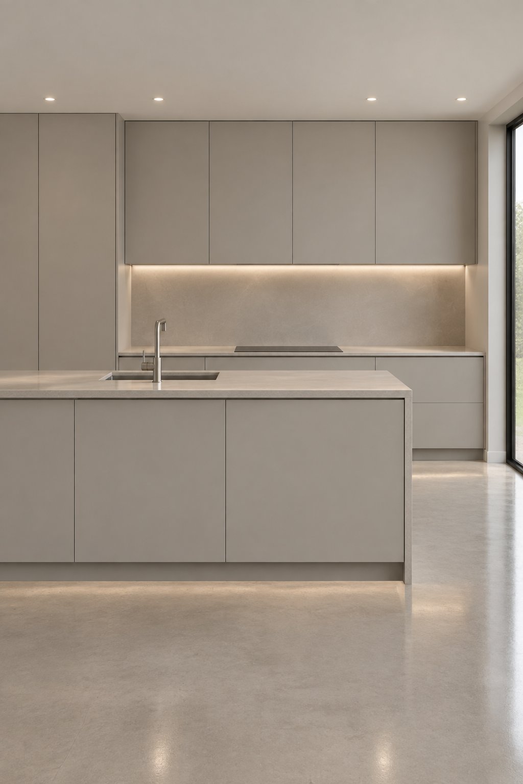 A minimalist kitchen with warm grey handleless cabinets, a matching backsplash, soft under-cabinet lighting, and polished concrete floors.