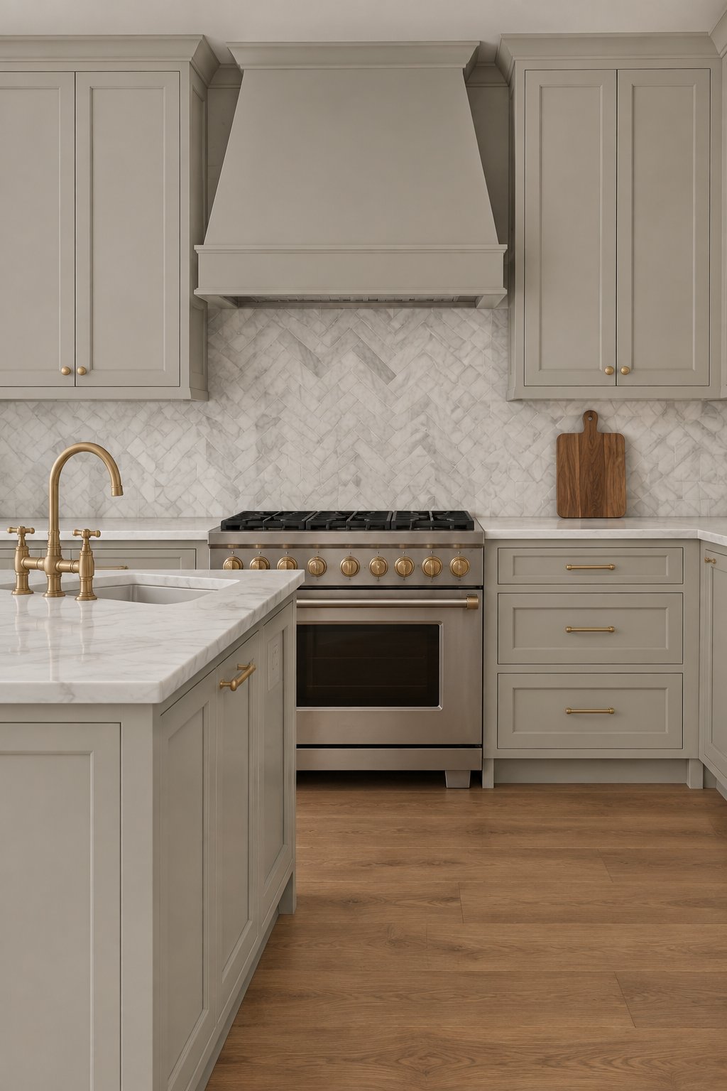A warm kitchen with greige paneled cabinets, brass fixtures, a marble herringbone backsplash, and a wooden cutting board.