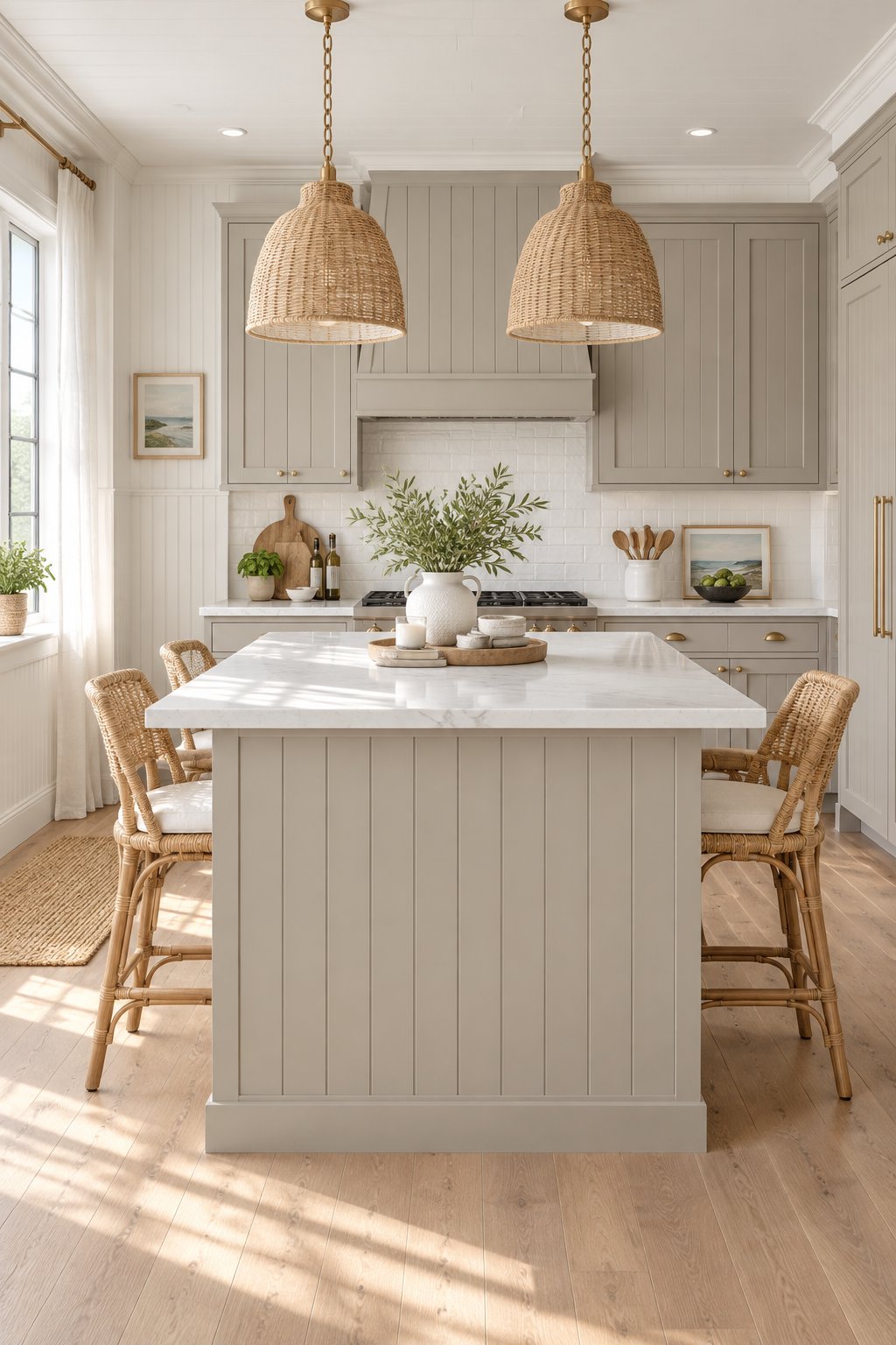 A bright kitchen with gray cabinets, a central island, woven stools, white wall paneling, and a sunlit window.