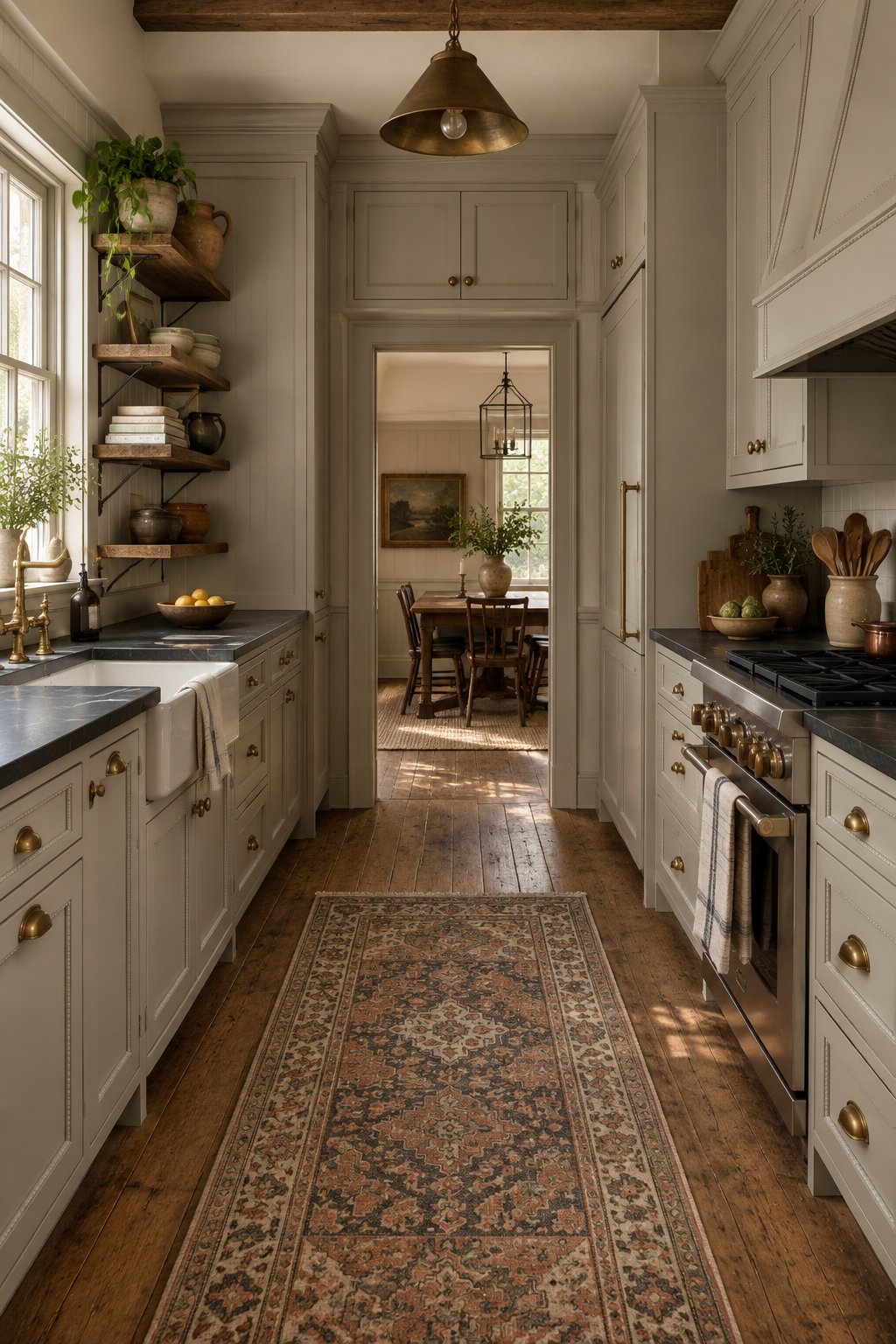 A warm kitchen with gray-beige inset cabinets, dark countertops, pottery on open shelves, and a patterned runner rug on a wood floor.