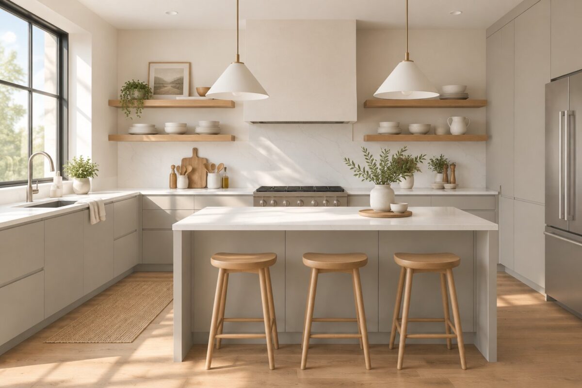 A bright kitchen with warm gray cabinets, wood shelves, white countertops, and sunlight through a large window.