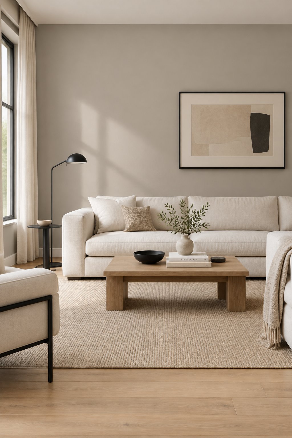A serene living room with warm gray walls, light wood flooring, off-white sofas, and soft daylight.