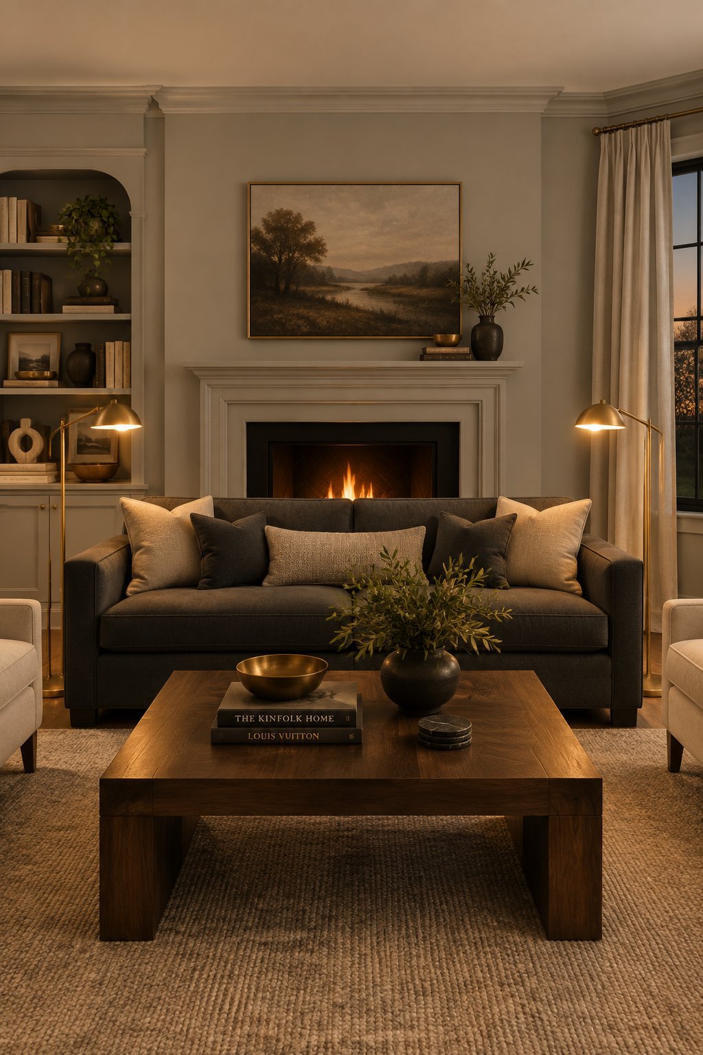 A furnished living room with a dark sofa, floor lamps, wood tables, and warm evening lighting.