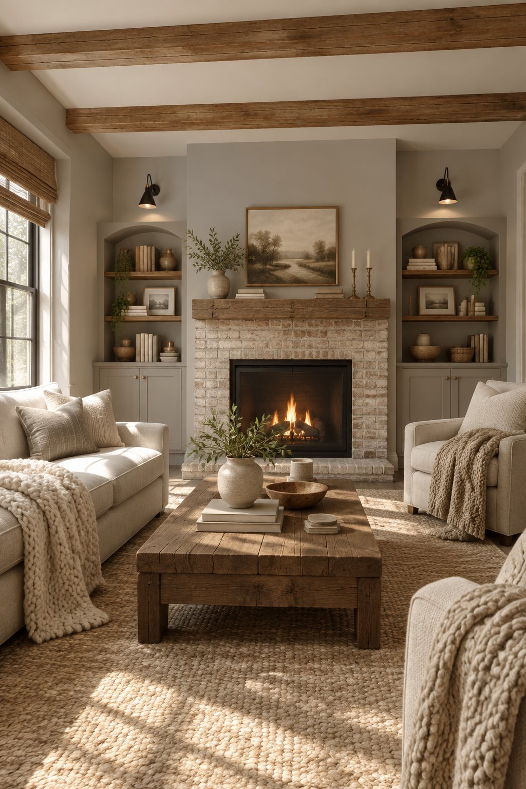 A sunlit living room with neutral walls, a brick fireplace, wooden ceiling beams, and comfortable seating.