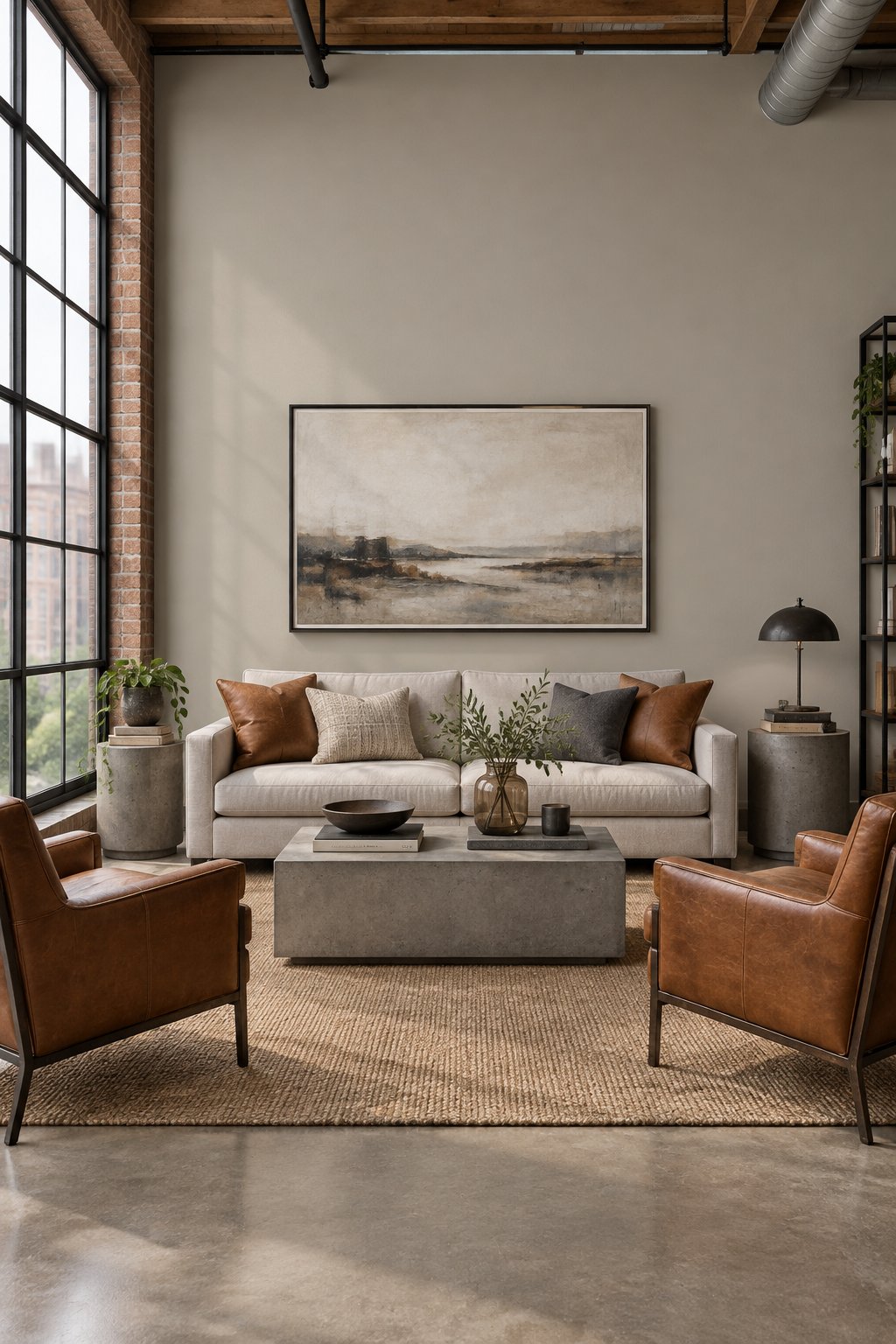 A loft living room with a neutral feature wall, brown leather armchairs, concrete tables, and large windows.