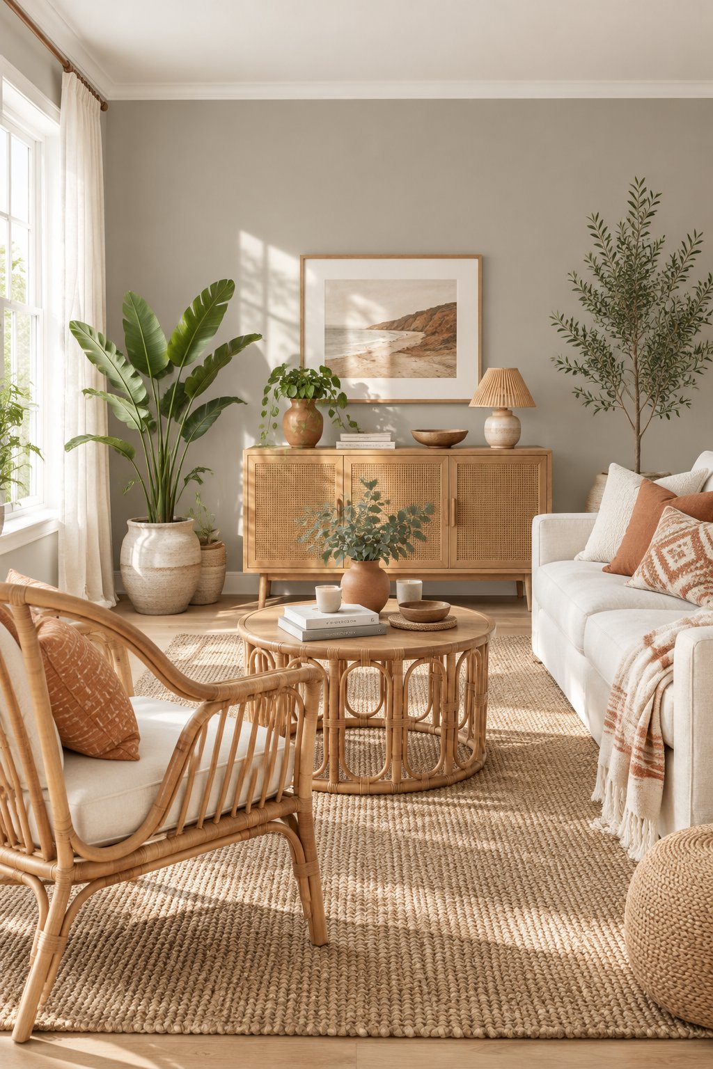 A bright living room with neutral walls, light furniture, green plants, and a woven rug.