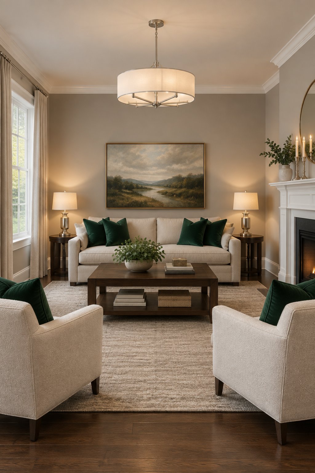 A contemporary living room with neutral walls, white trim, green accent pillows, and warm lighting.