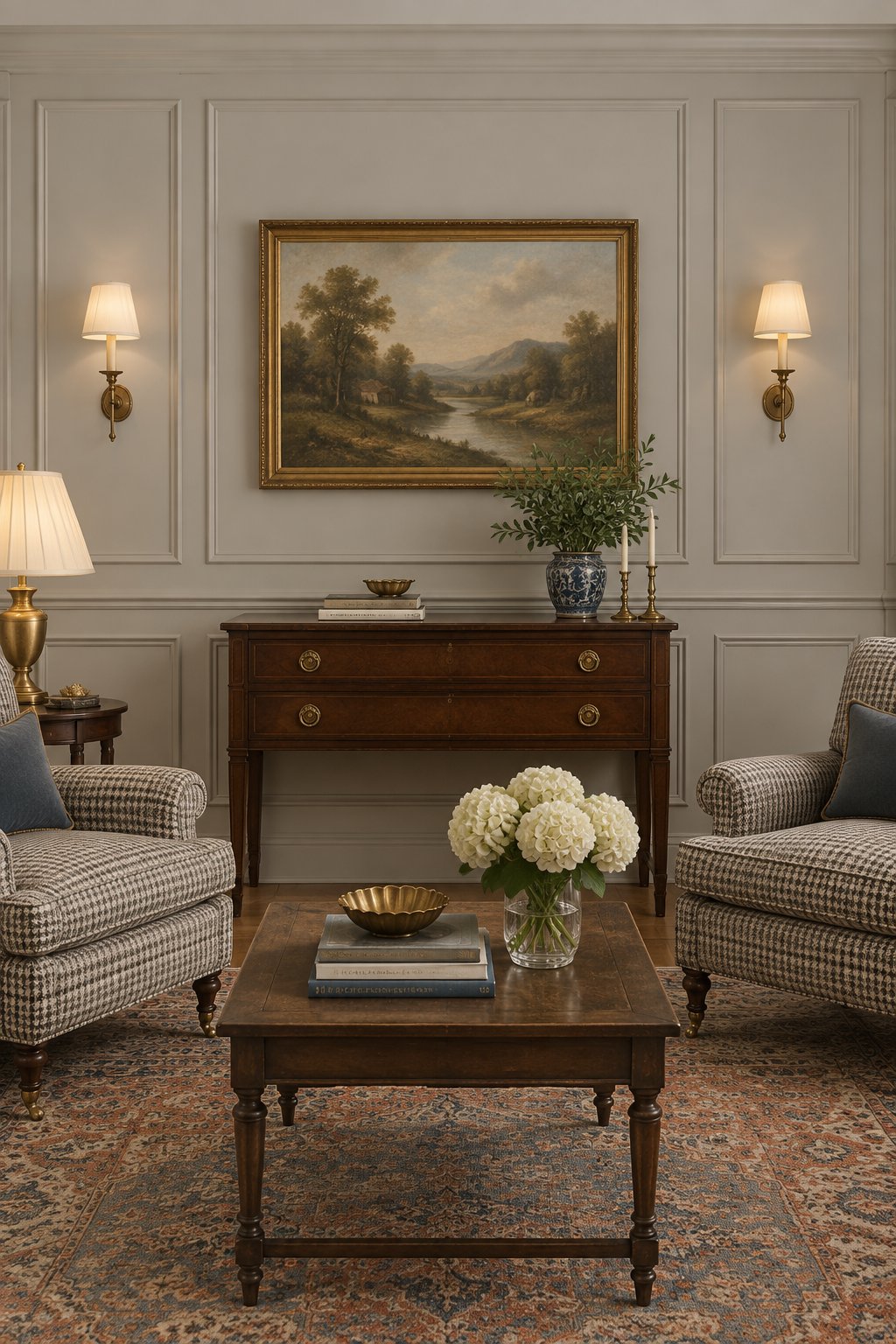 A traditional living room with paneled walls, upholstered armchairs, and a patterned rug.