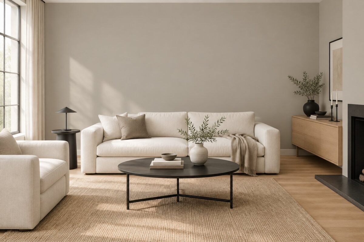 A serene living room with warm grey walls, light wood flooring, off-white sofas, and soft daylight from a side window.