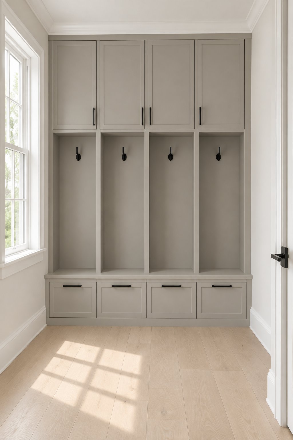 A bright mudroom with floor-to-ceiling storage lockers, hooks, trim, and wood flooring.