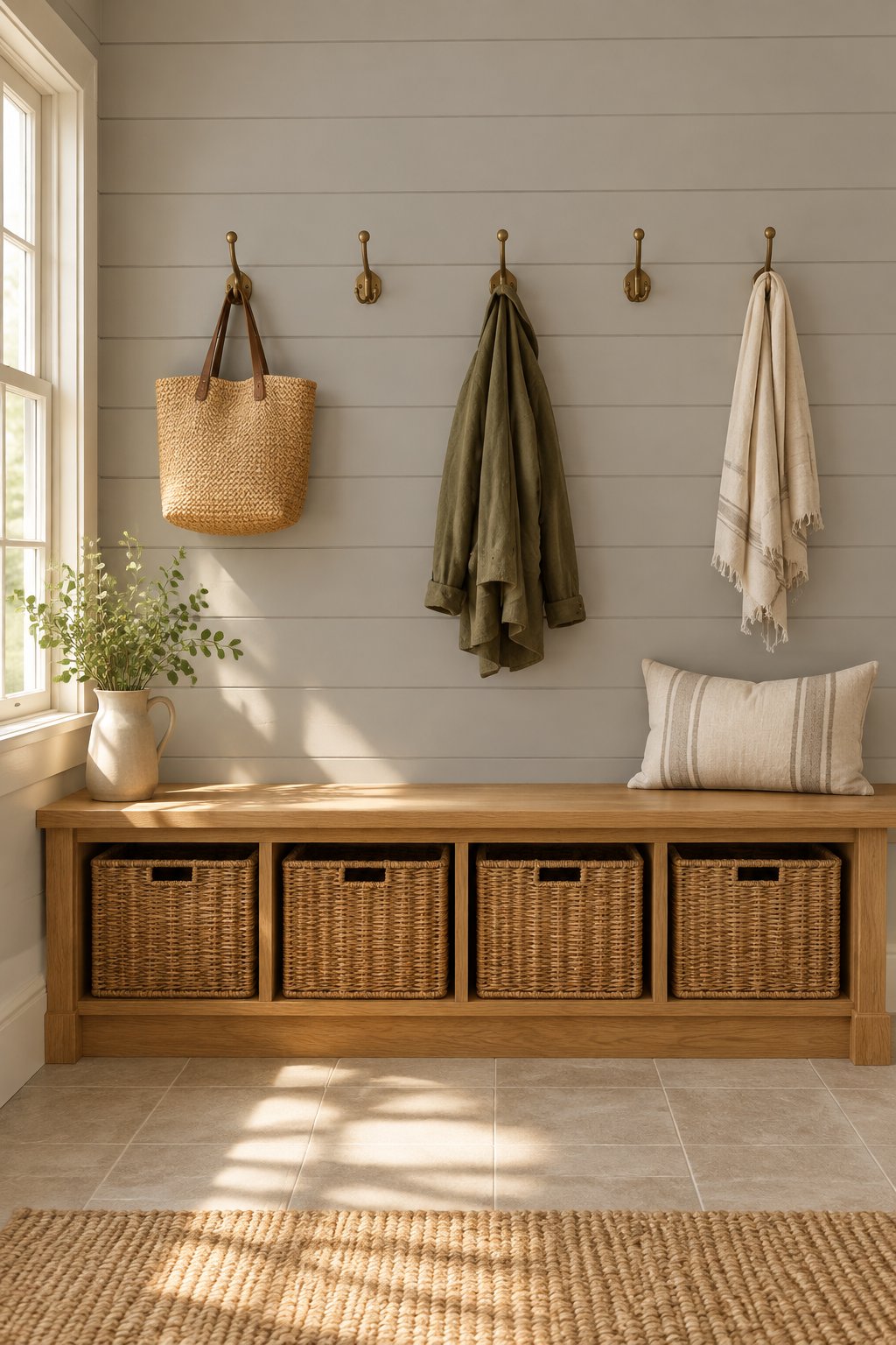 A mudroom with a paneled wall, built-in bench, woven baskets, and tiled floor illuminated by sunlight.