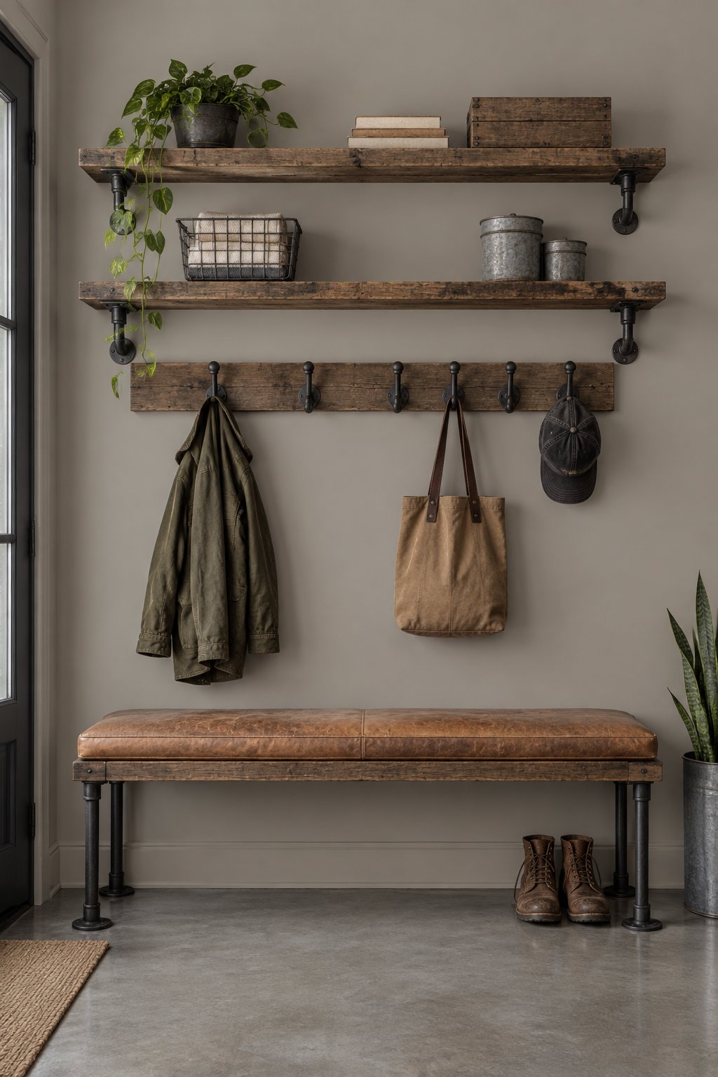 An industrial mudroom with wall shelving, a bench, and a concrete floor.