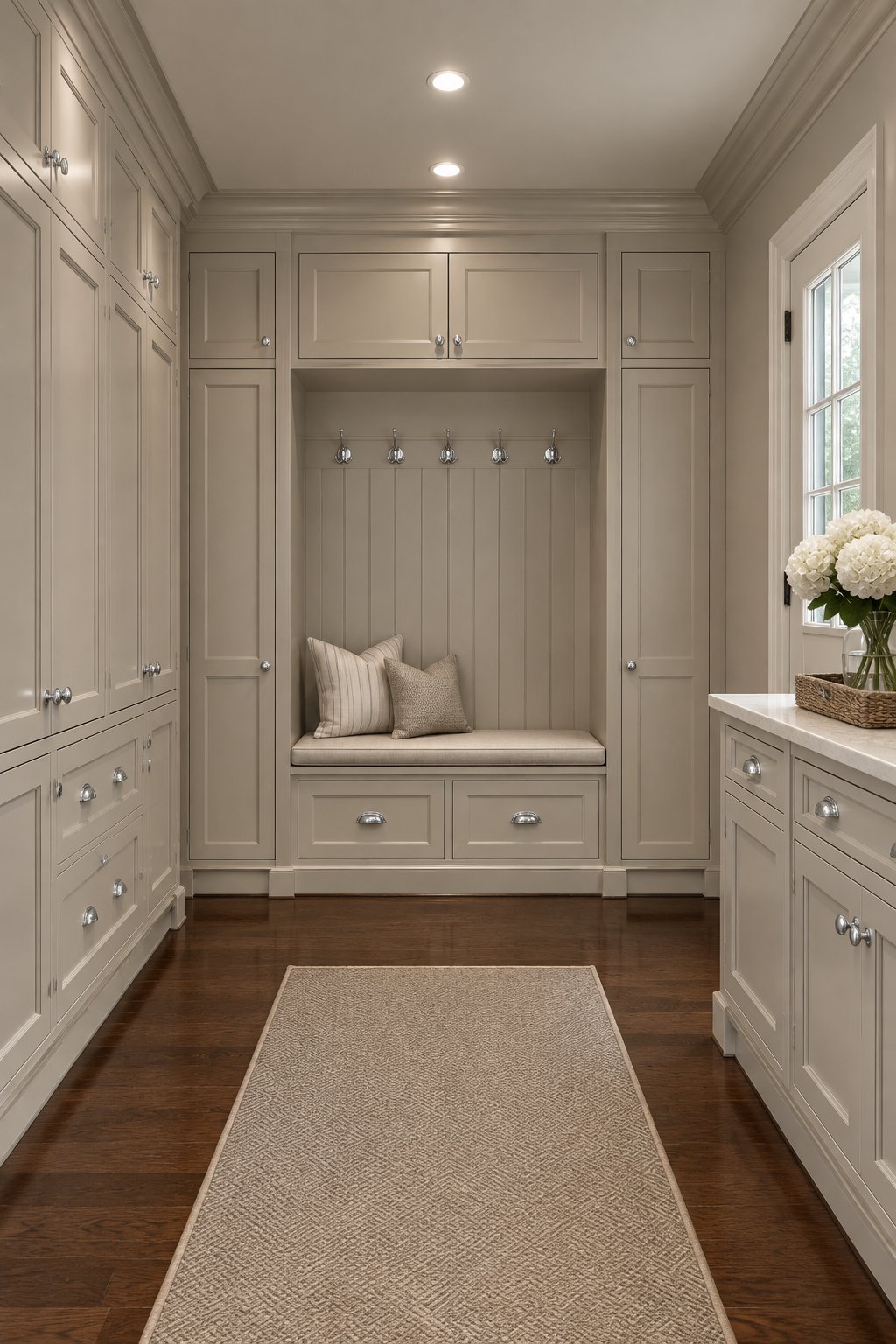 A mudroom with enclosed cabinets, hardwood flooring, chrome hardware, and recessed lighting.