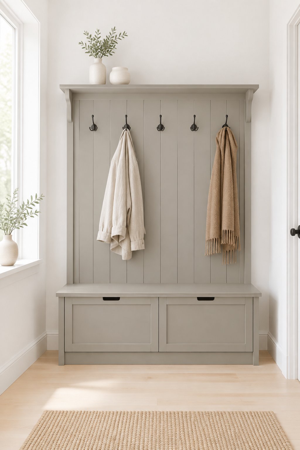 A bright entryway with a bench, coat rack, white walls, wood flooring, and ceramic vases.