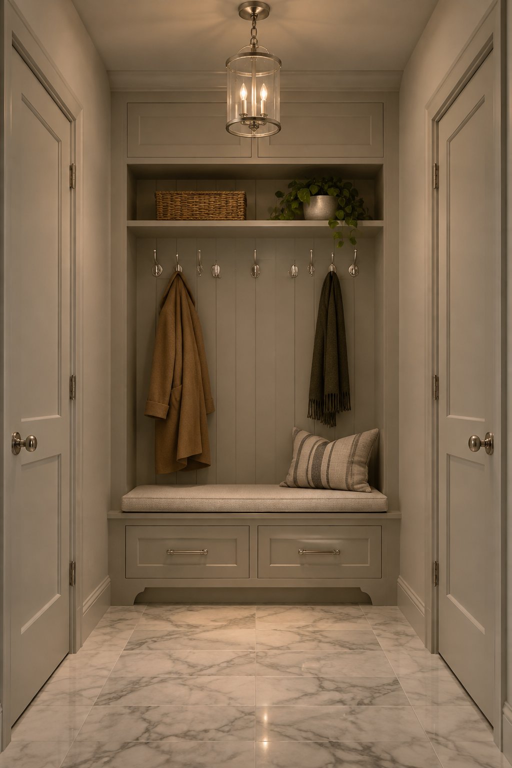 An enclosed mudroom alcove with painted walls, marble flooring, wall hooks, and ceiling lights.