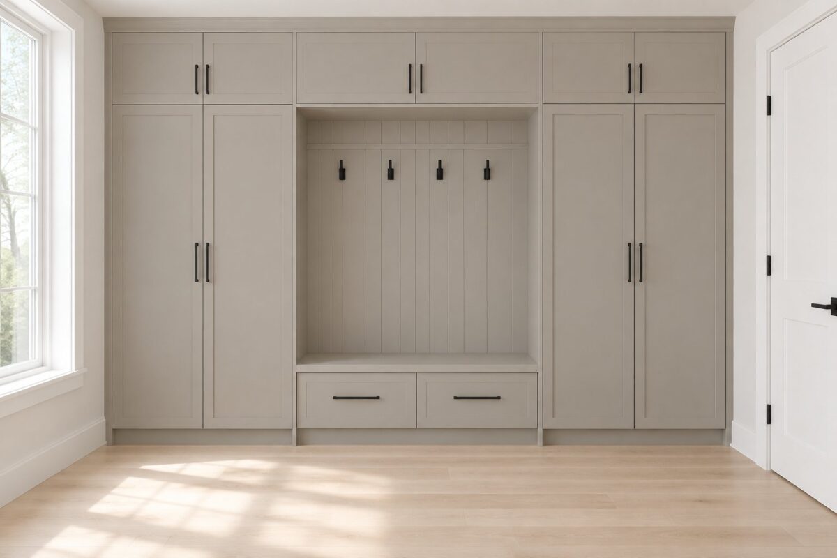 A bright mudroom with tall built-in lockers, hooks, a side window, and light wood flooring.