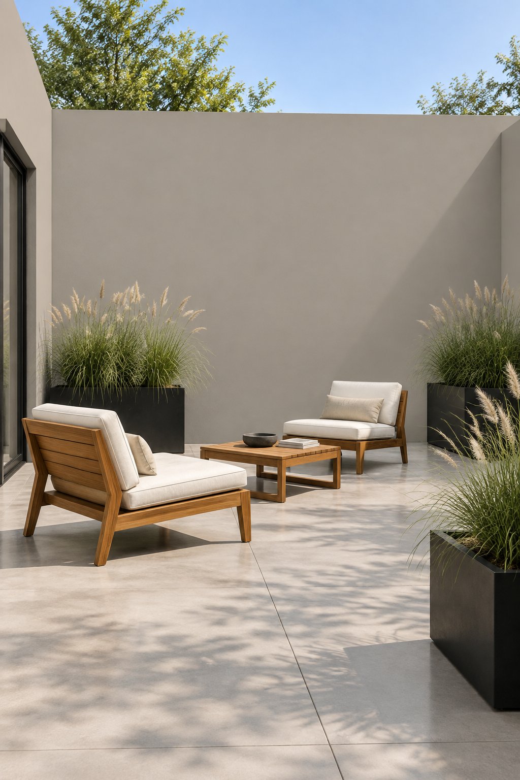 A sunlit courtyard with warm grey walls, teak chairs, black planters, grasses, and large concrete paving slabs.