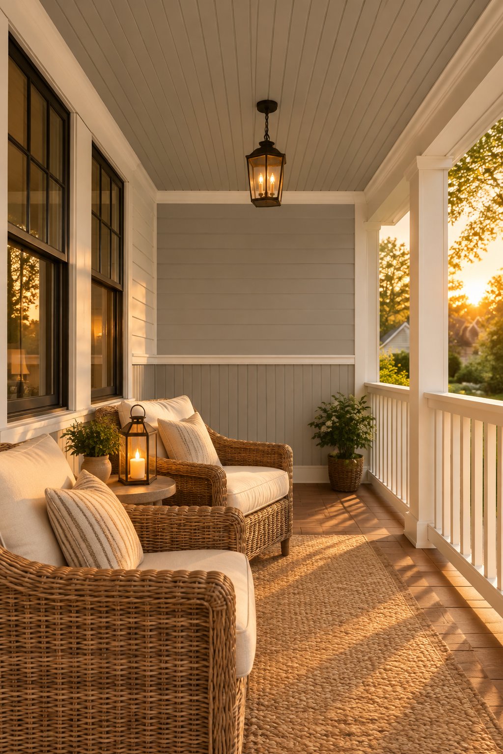 A covered suburban porch with wicker chairs, cream cushions, a side table, and a glowing lantern.