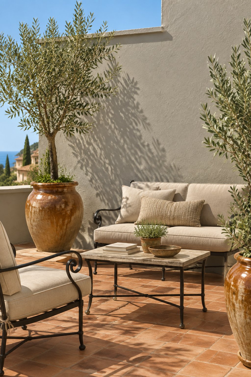 A sunlit terrace with warm grey plaster walls, terracotta tiles, potted olive trees, and wrought-iron furniture.