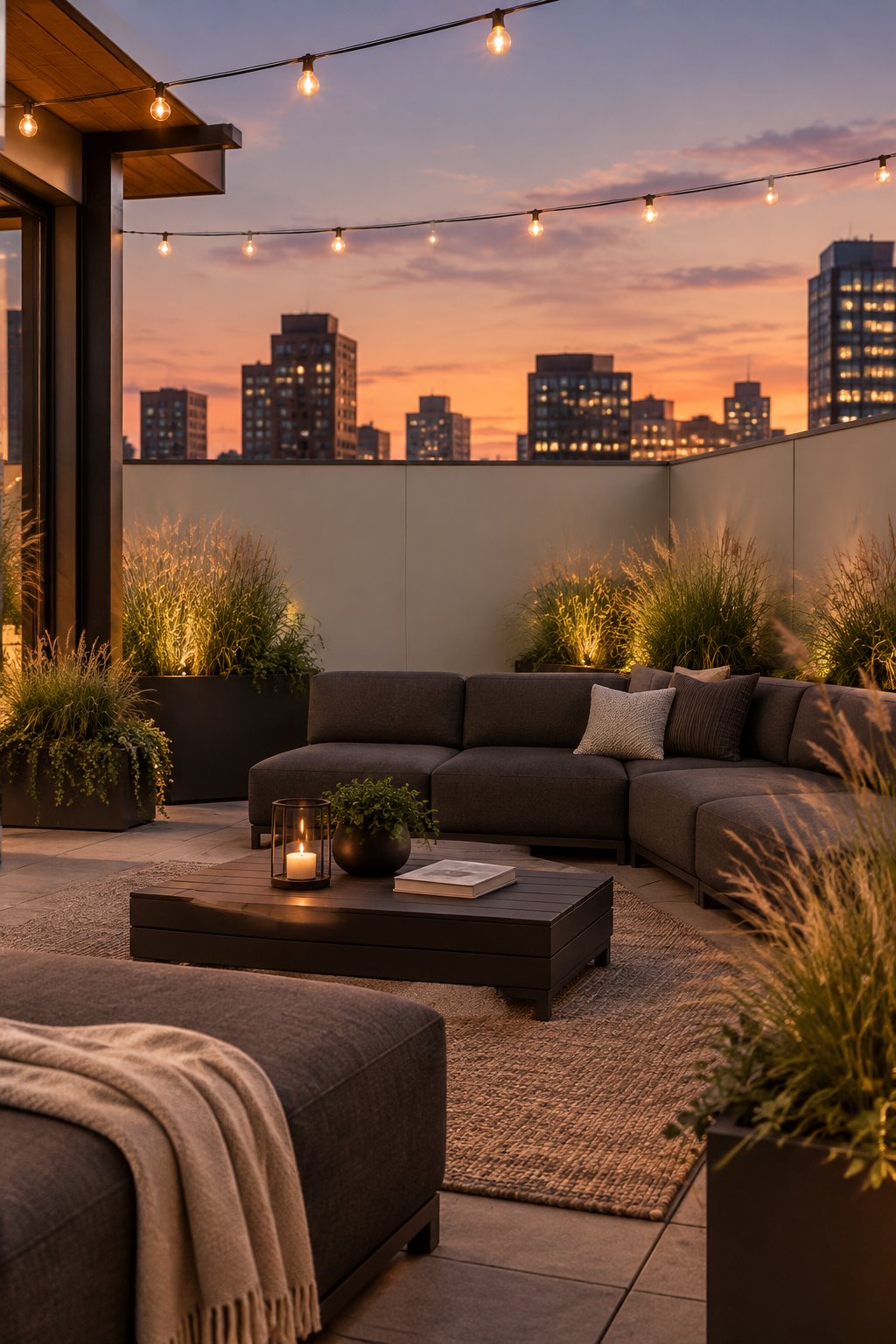 An urban rooftop lounge at twilight with grey partition walls, charcoal seating, string lights, and planters of ornamental grasses.