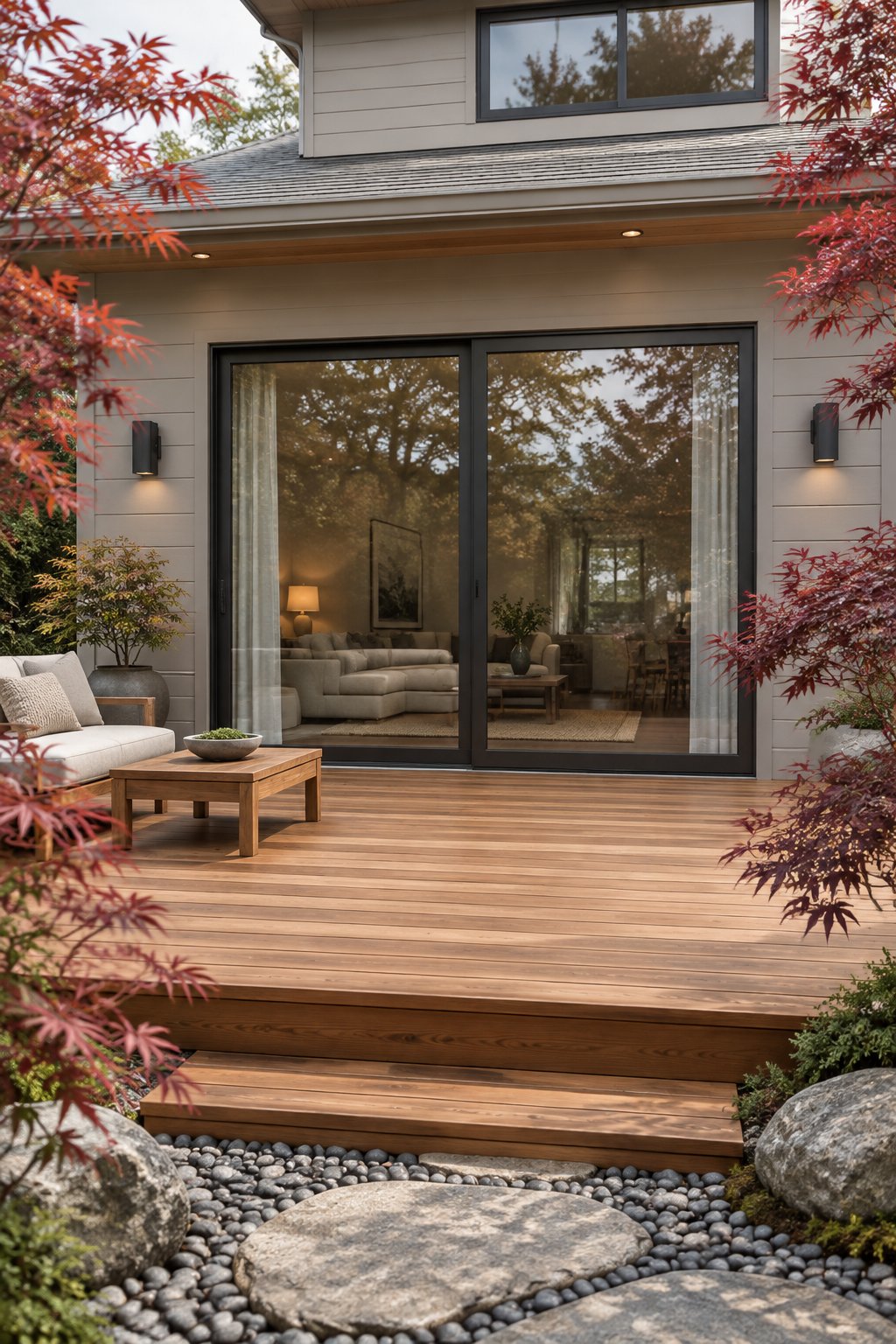A backyard patio with grey siding, large sliding glass doors, cedar decking, river stones, and Japanese maple trees.
