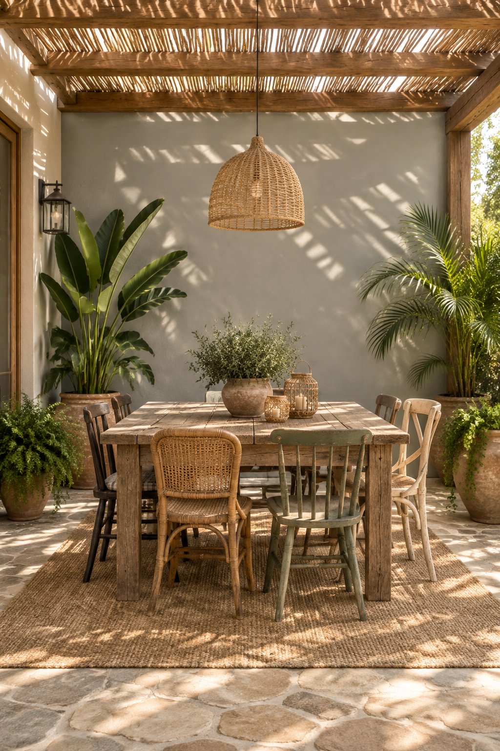 An outdoor dining patio with a wooden table, mismatched chairs, potted plants, a rug, a grey wall, and sunlight filtering through a pergola.