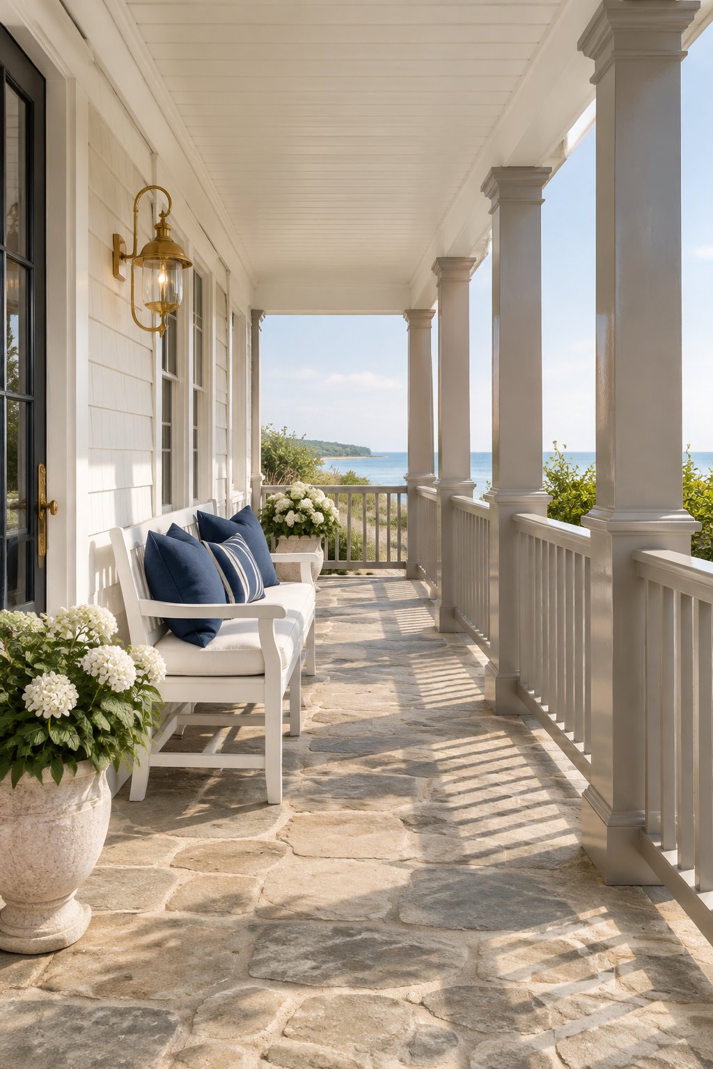 A sunlit coastal veranda with grey columns, a stone floor, a white bench with navy pillows, and a brass wall light.