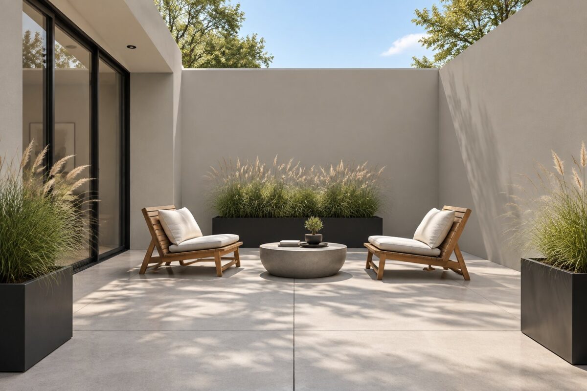 A sunlit courtyard with grey walls, wooden lounge chairs, black planters, grasses, and concrete paving.