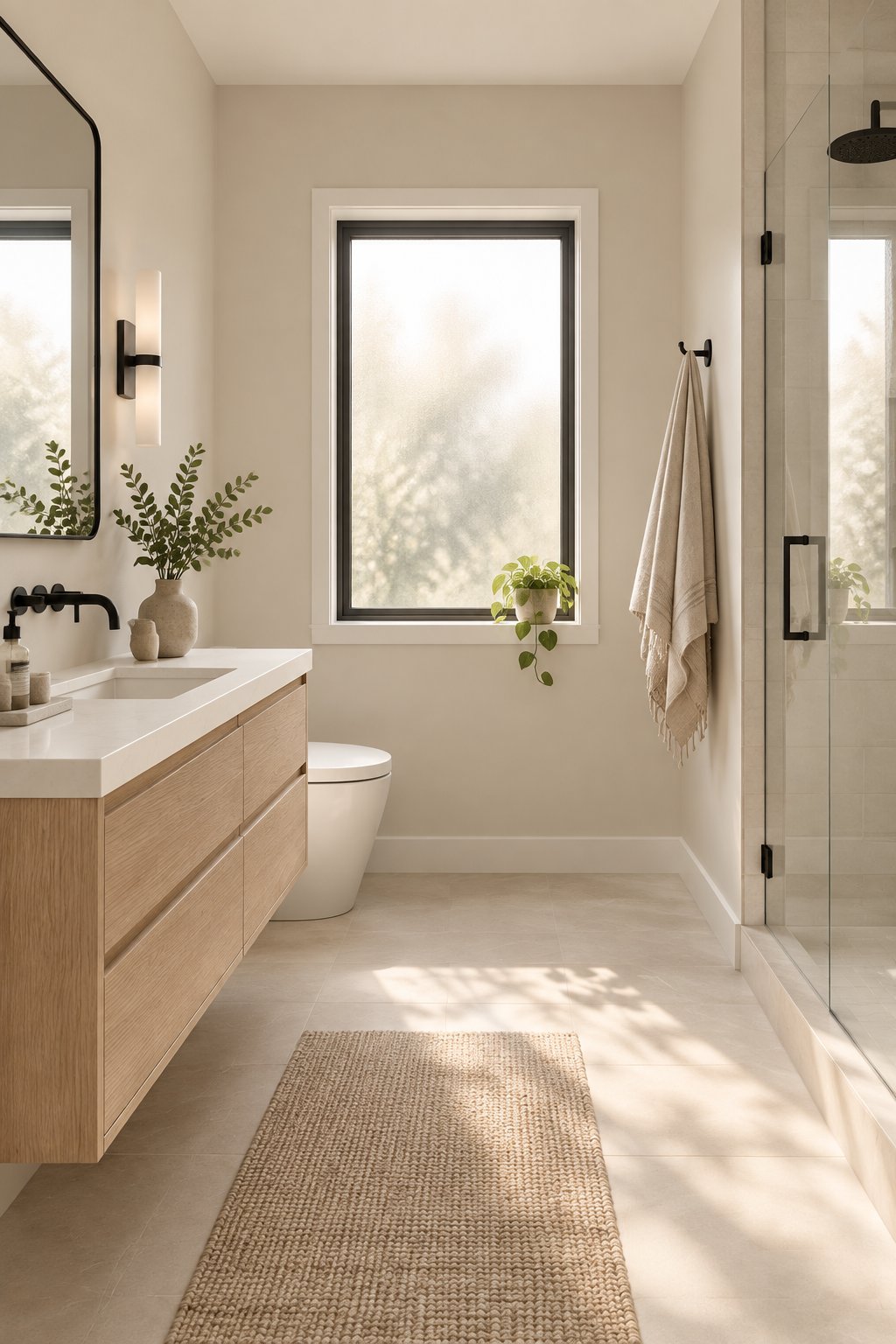 A bright modern bathroom with beige walls, a floating wood vanity, black fixtures, linen towels, and sunlight through a frosted window.