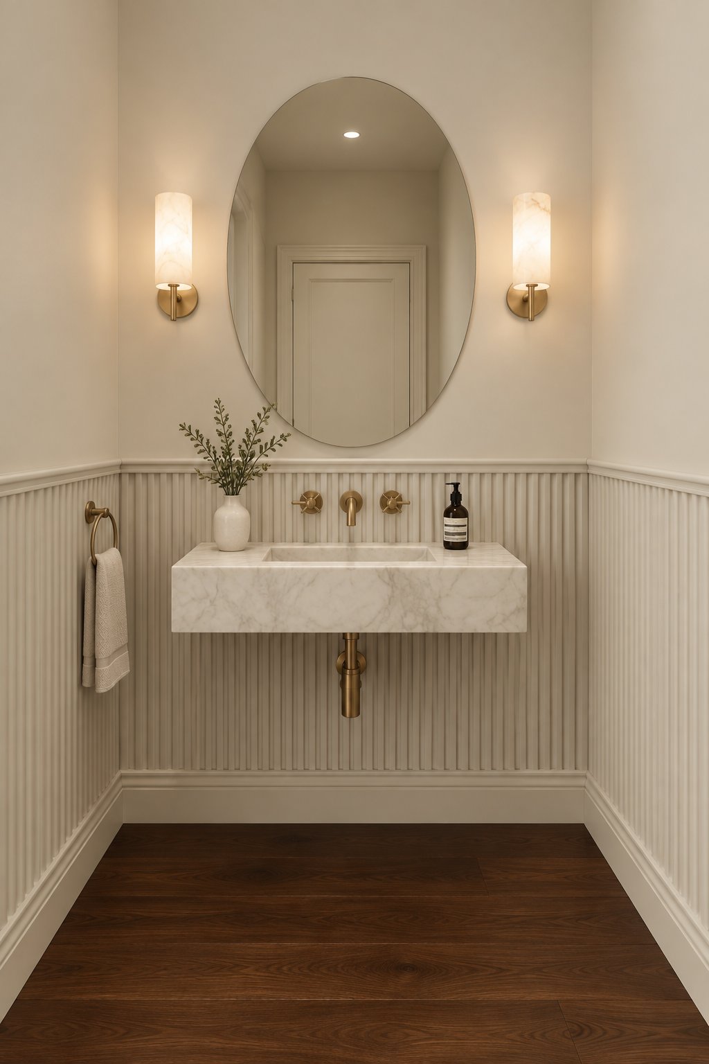 A bathroom with beige half-wall paneling, an oval mirror, wall sconces, and dark wood flooring.