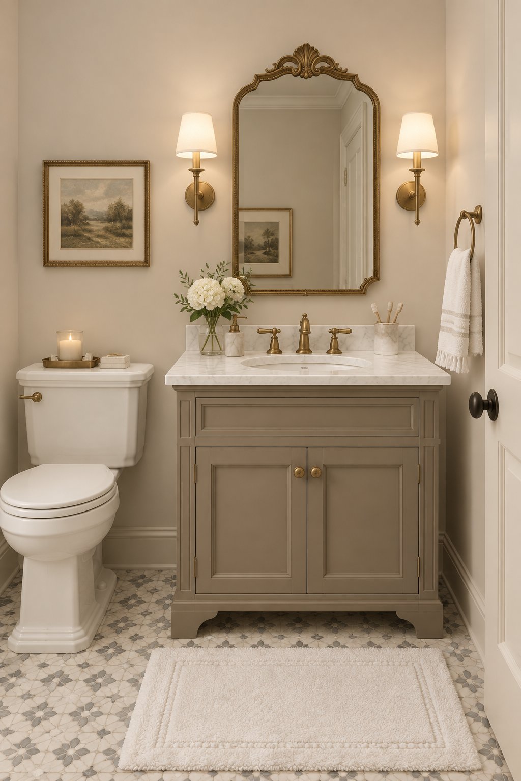 A bathroom with a vanity, mirror, wall lighting, mosaic floor, and a white bathmat.