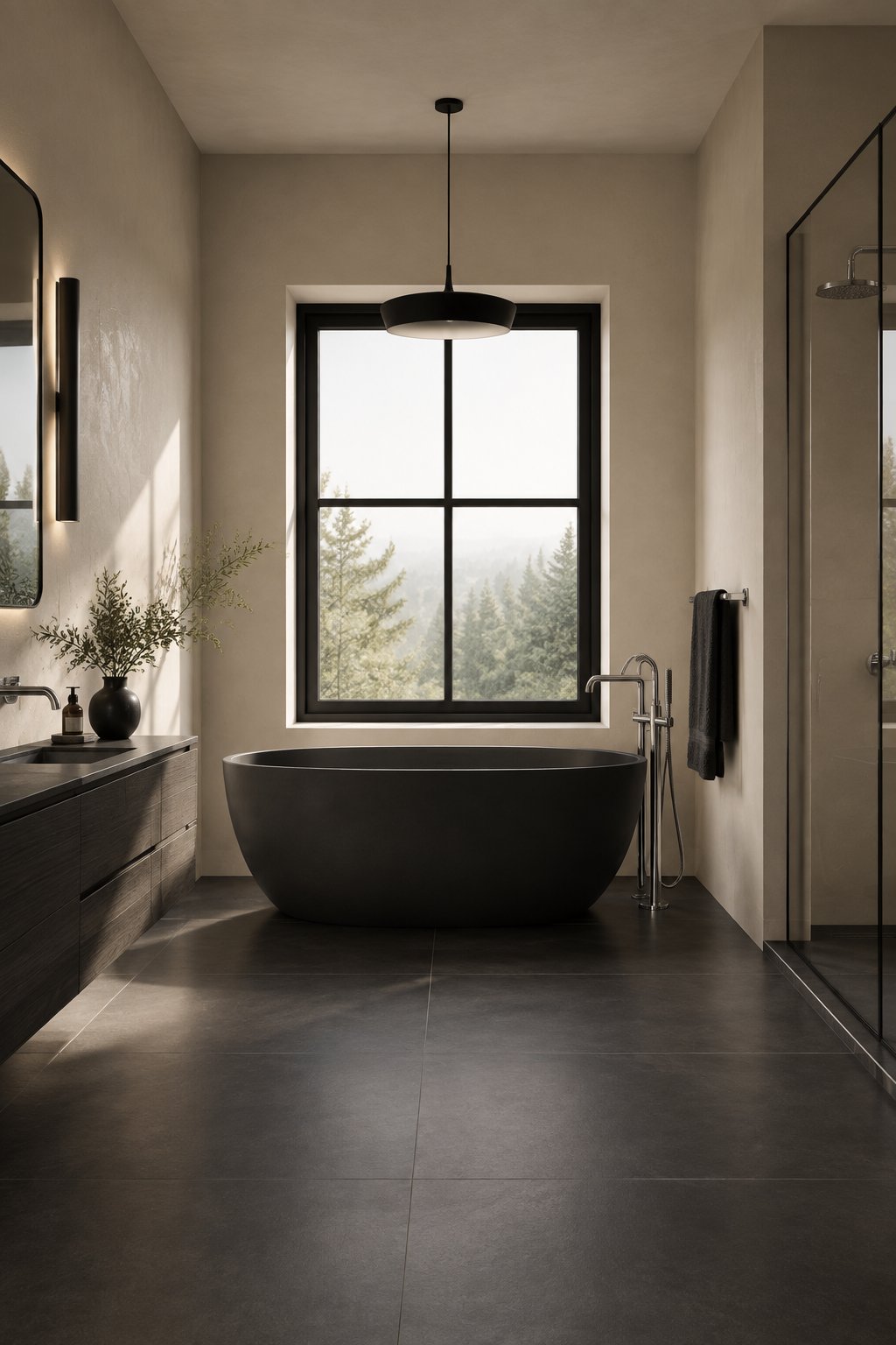 A bathroom with taupe walls, a dark freestanding bathtub, charcoal floor tiles, chrome fixtures, and a black pendant light.