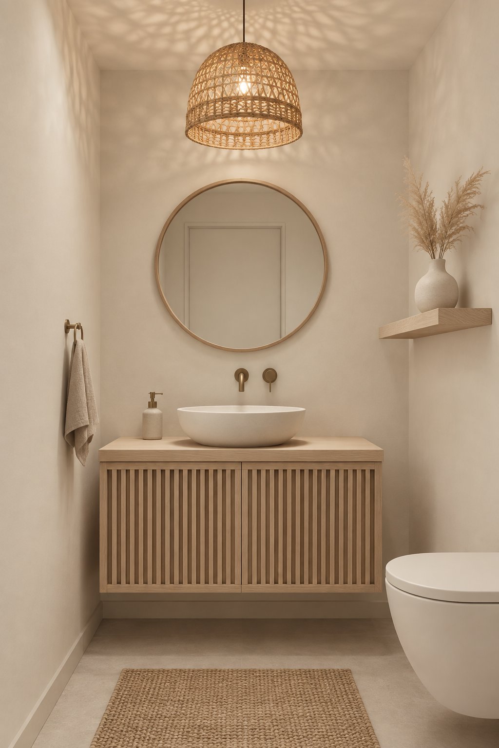 A calm powder room with a wood vanity, vessel sink, pendant light, and vase of dried grass.