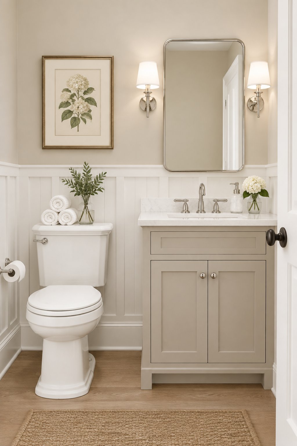 A bright bathroom with a taupe vanity, white paneled walls, metallic fixtures, botanical artwork, and neatly rolled towels.