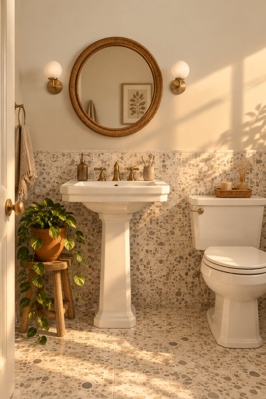 A bathroom with pale upper walls, terrazzo surfaces, a potted trailing plant on a wooden stool, and warm sunlight.