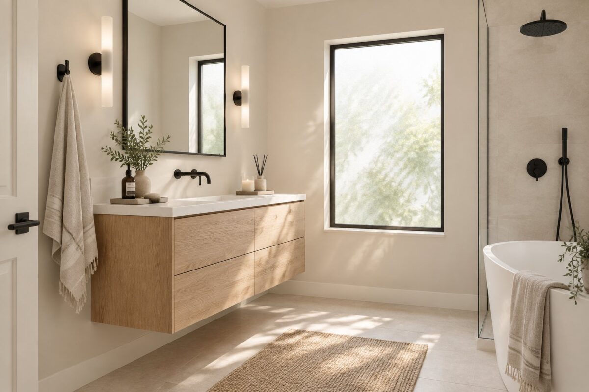 A bright modern bathroom with beige walls, a floating wood vanity, black fixtures, and linen towels near a frosted window.