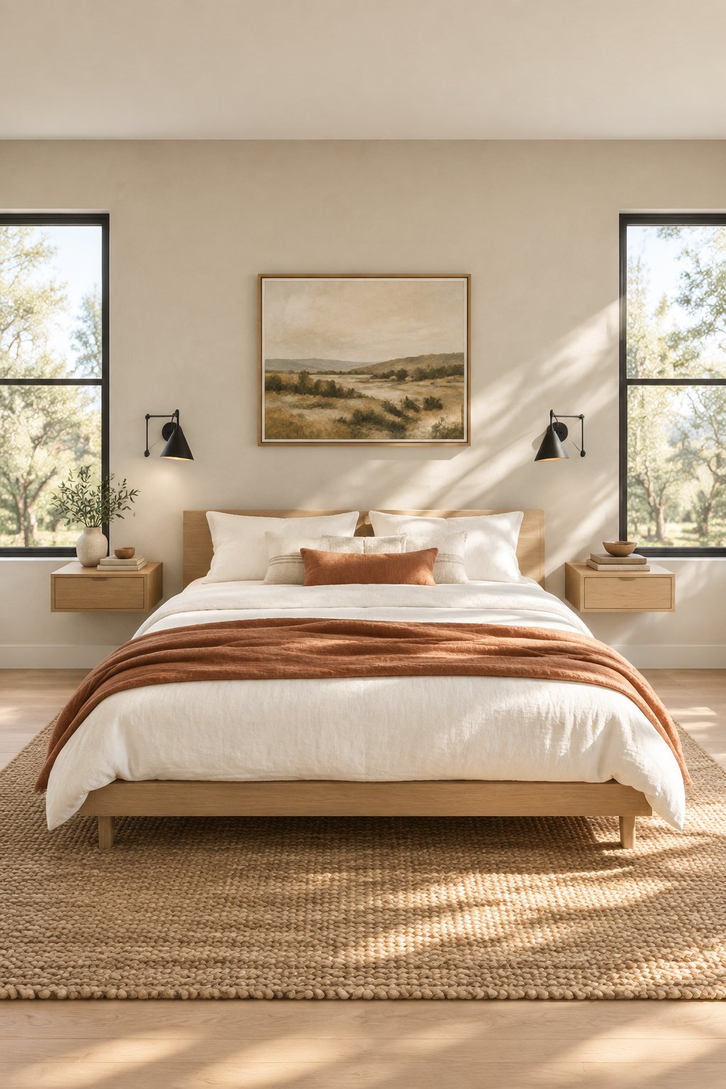 A sunlit bedroom with a low wooden bed, white bedding, a terracotta blanket, wall sconces, and a woven rug.
