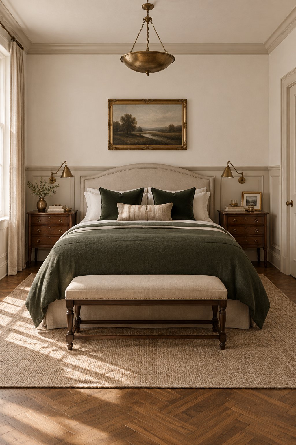 A bedroom with a bed, bedside tables, lamps, paneled walls, and wood flooring.