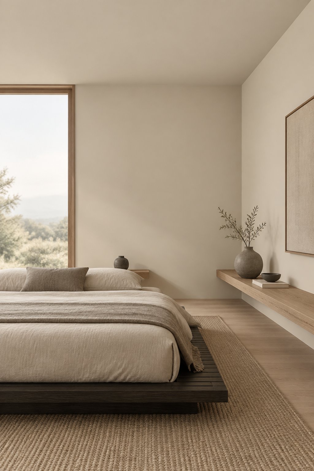 A calm bedroom with a low dark wood bed, light bedding, warm beige walls, and a few simple decorative objects.
