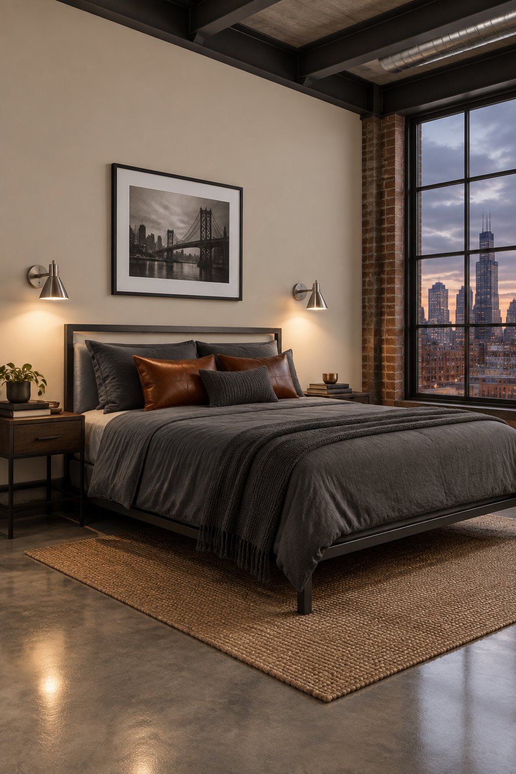 A bedroom with a bed, large windows, and an urban skyline view.