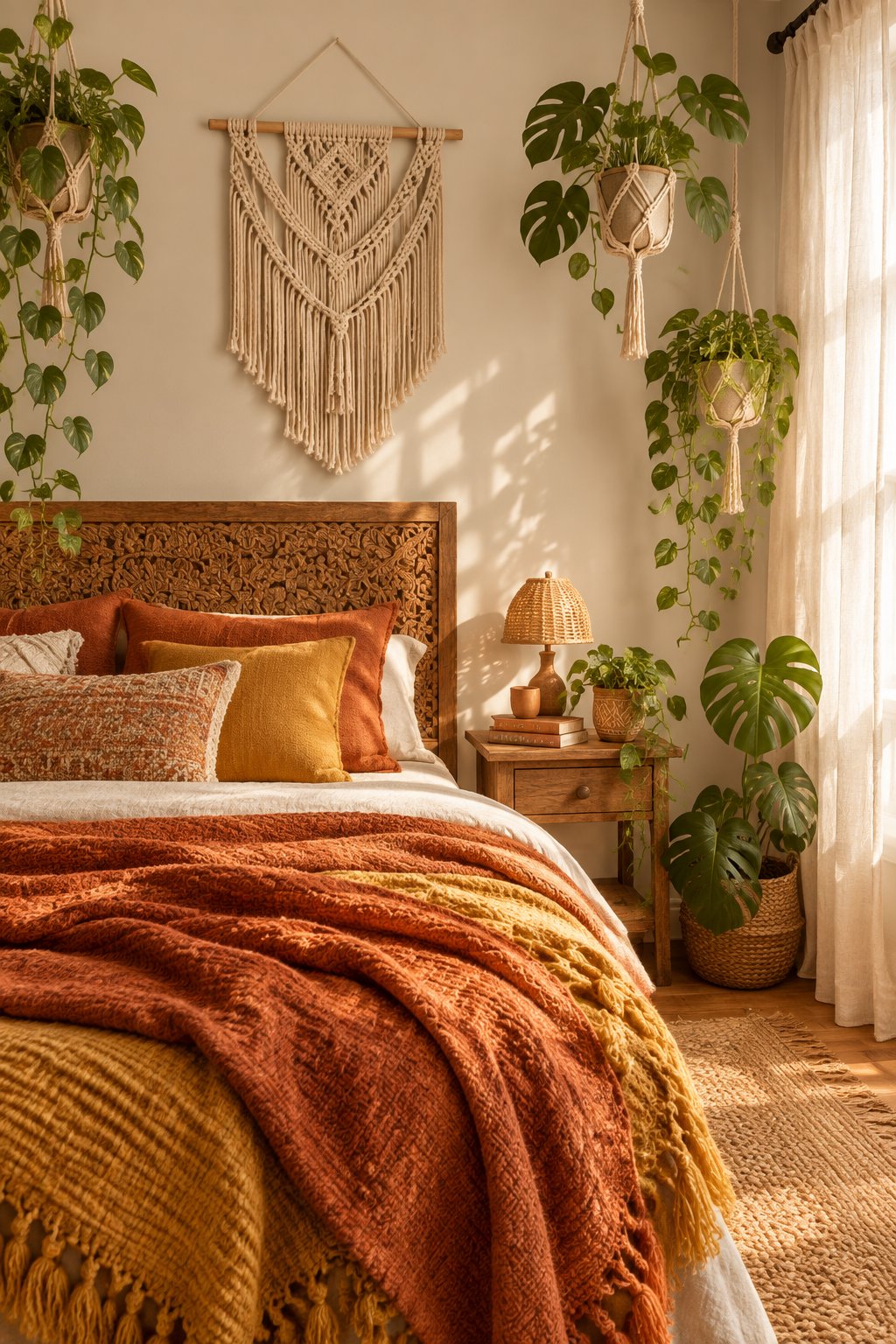 A bedroom with a wooden headboard, layered blankets, wall decor, hanging plants, and sunlight through curtains.