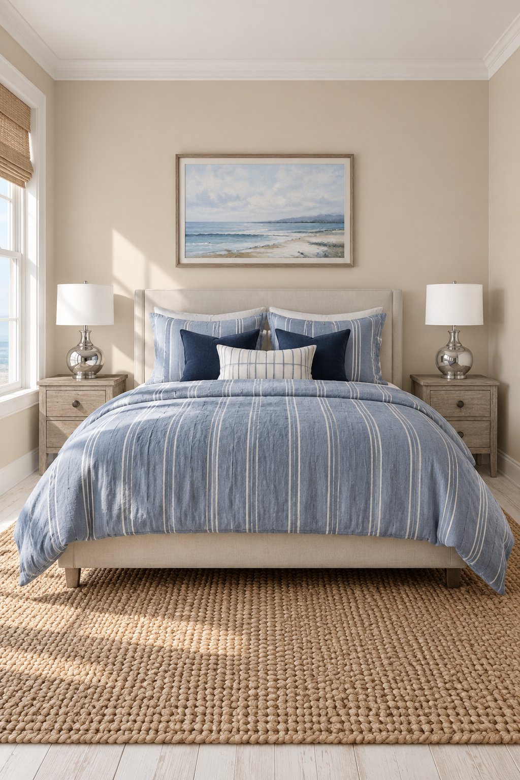 An airy bedroom with taupe walls, a neatly made bed, bedside tables and lamps, a braided rug, and whitewashed floors.