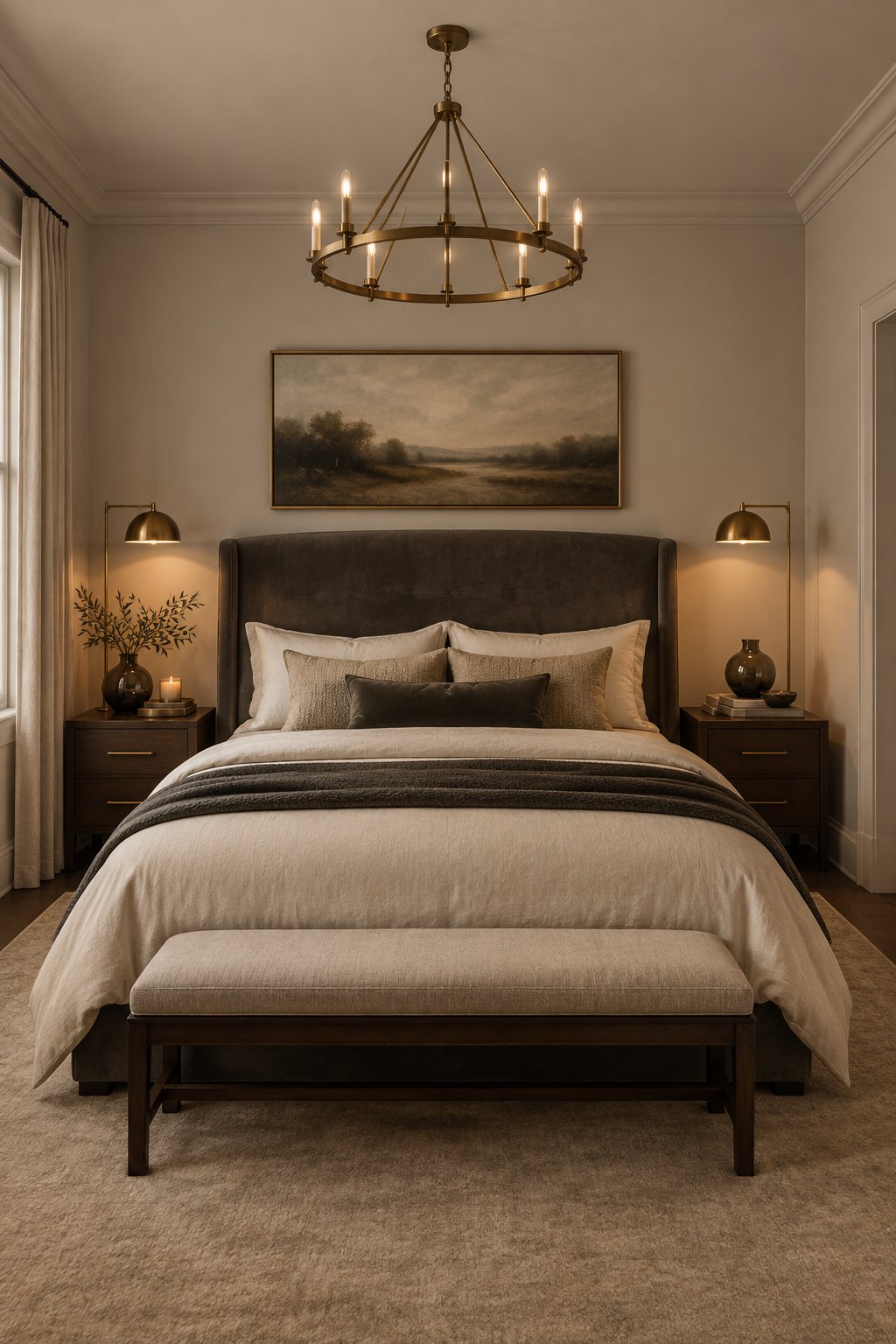A luxurious bedroom with a large upholstered headboard, bedside tables, lamps, and decorative vases.