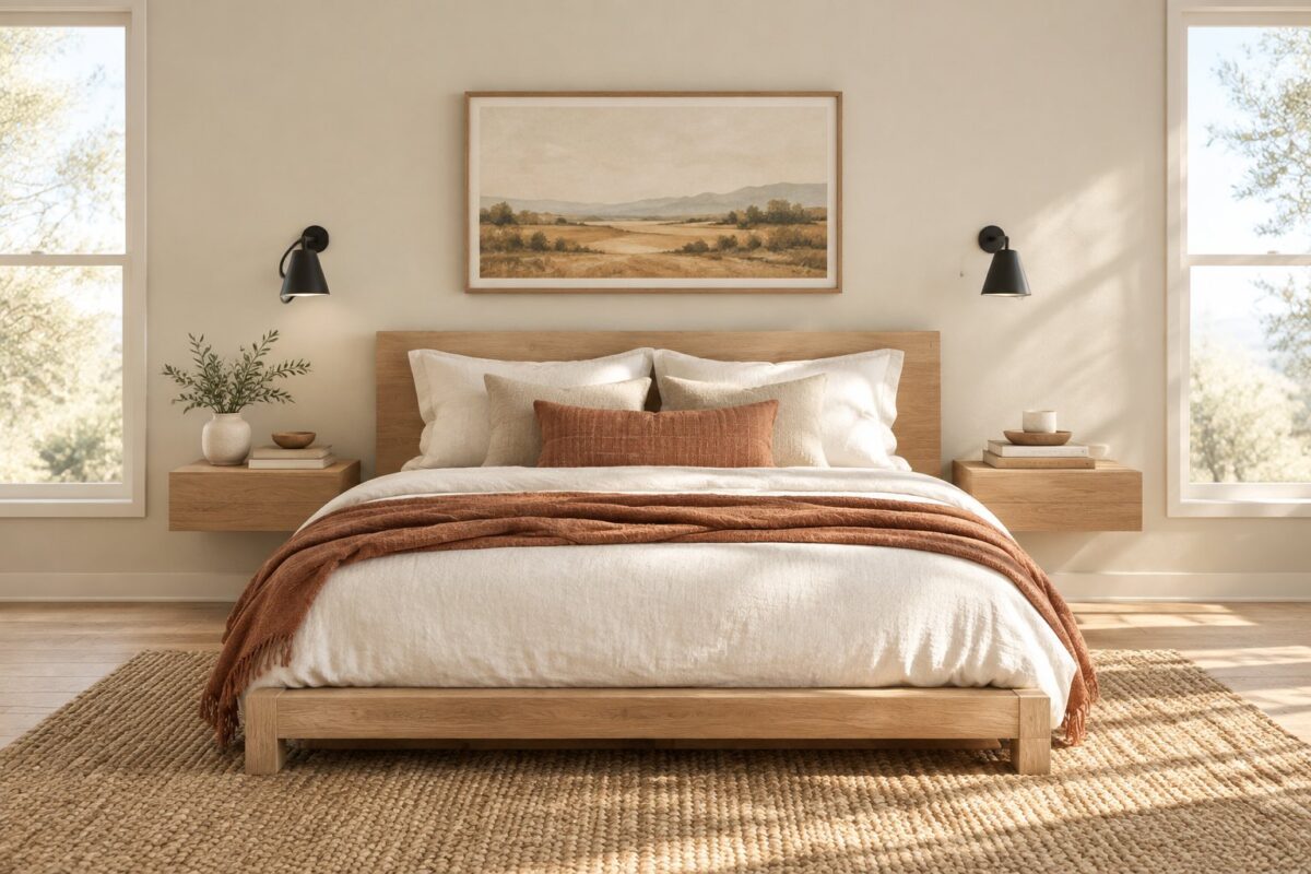 A sunlit bedroom with a neatly made bed, wooden furnishings, a woven rug, and windows.