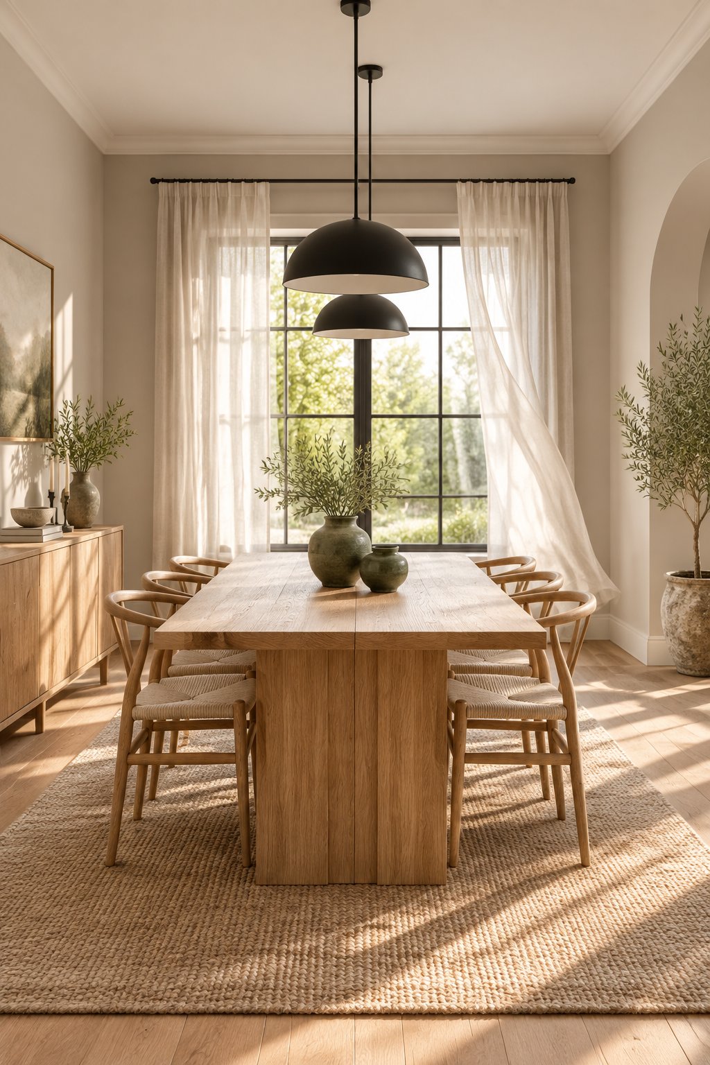 A sunlit dining room with a light wood table, sheer curtains, black pendant lights, and green vases.