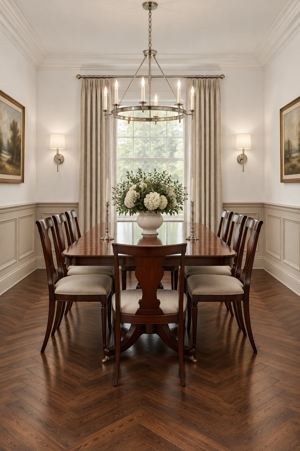 A refined dining room with paneled taupe walls, white upper walls, dark herringbone flooring, wall sconces, and a central mahogany dining table and chairs.