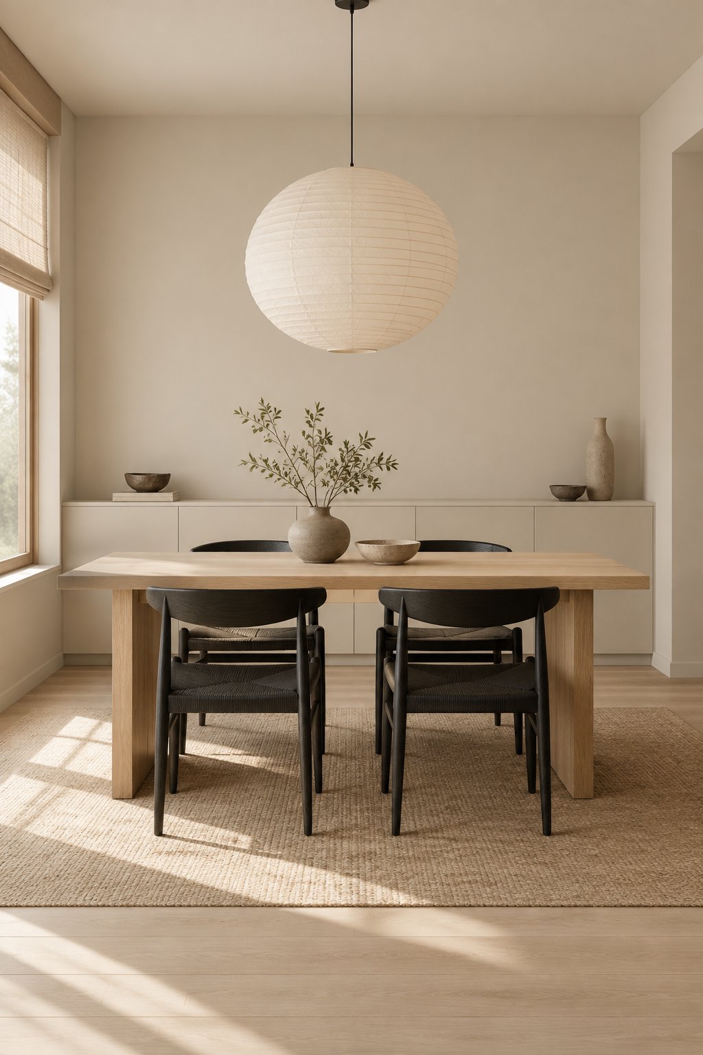 A quiet dining room with a light wood table, dark chairs, a hanging paper lamp, and pottery on a built-in cabinet.