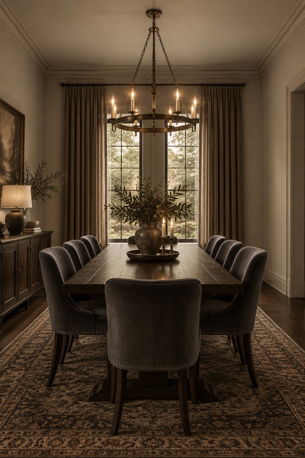A dining room with taupe walls, a dark wood table, charcoal chairs, warm chandelier light, and taupe curtains.