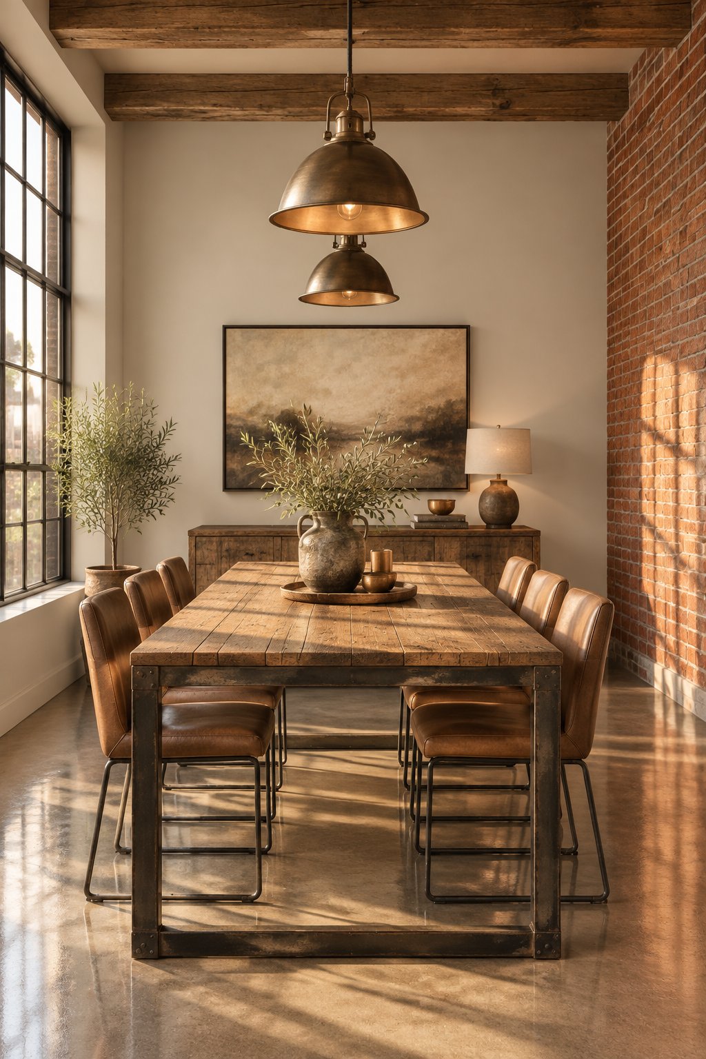 A loft dining room with a wooden table, pendant lights, concrete flooring, and a brick accent wall.