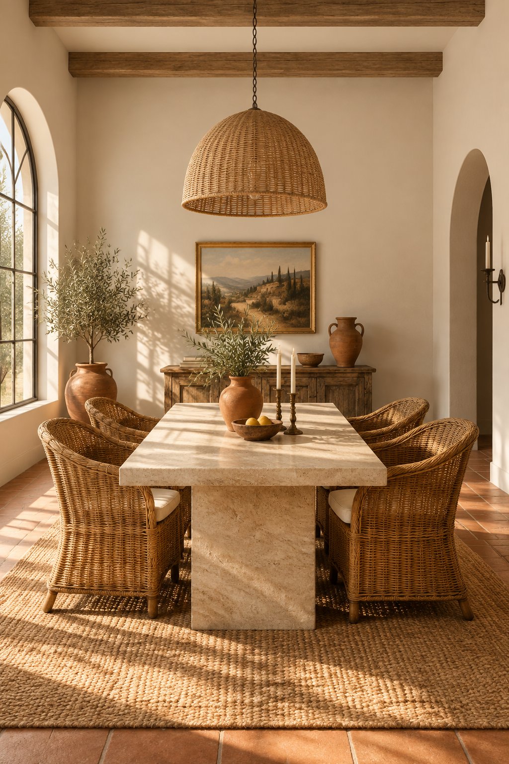 A sunlit dining room with a stone table, woven chairs, tiled flooring, and decorative urns.